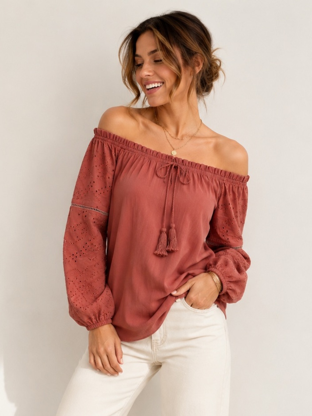 Maurices Dusty Rose Eyelet Off Shoulder Peasant Blouse Boho Tassel Top XL